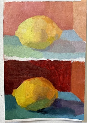 High-key Lemon, Low-key Lemon, 9in x 5-7/8in, oil on un-stretched canvas, $220