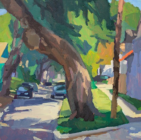 Plein air oil painting of a street in New Orleans. 