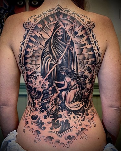 A black and grey back piece featuring a reaper twist to the classic tattoo image, "Rock of Ages".  