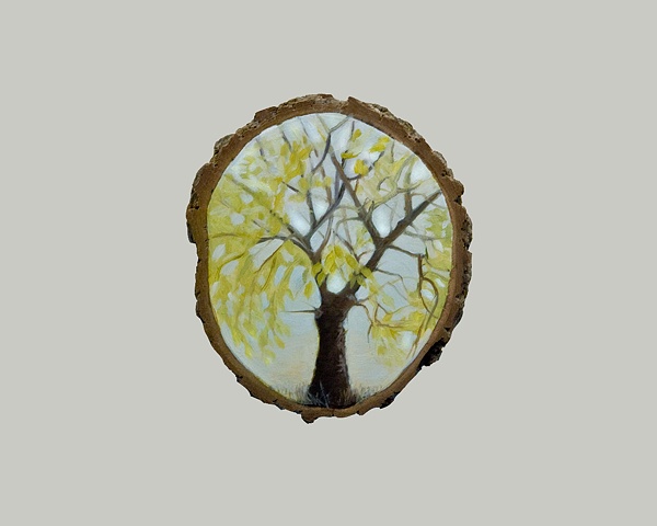 small landscape painting on oak branch segment substrate