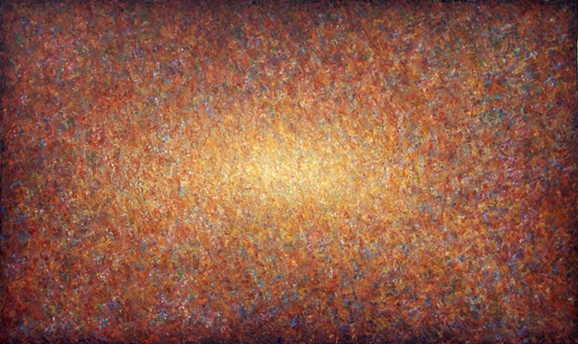 Somehow this abstract landscape connects to lights in a circus, from a dream.  Large scale abstract painting by Bill Colburn. 