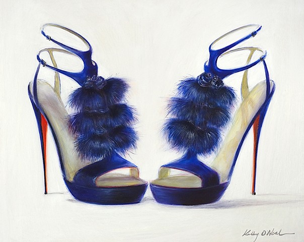 Electric Blue strappy shoes with blue tassels and red soles.