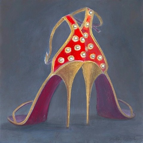 Red strappy shoes with gold piping, ankle straps and gold heels, plus pearls. Soles are purple. 