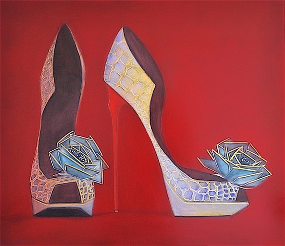 Blue and gold animal textured shoe with a blue rose and red background