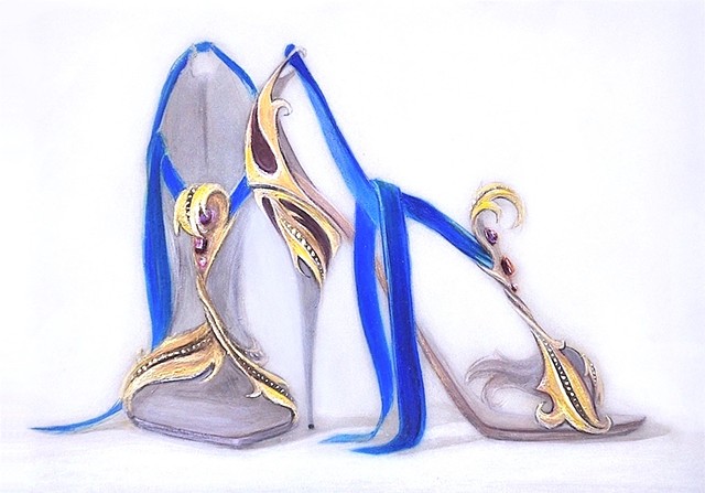 Gold leaf design with burgandy velvet, garnet gems and blue ankle ribbon shoes. 