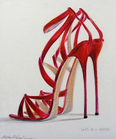 Red strappy shoes.