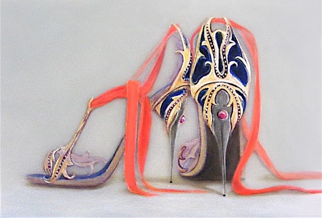 Gold leaf design with blue velvet and orange ankle ribbon shoes. 