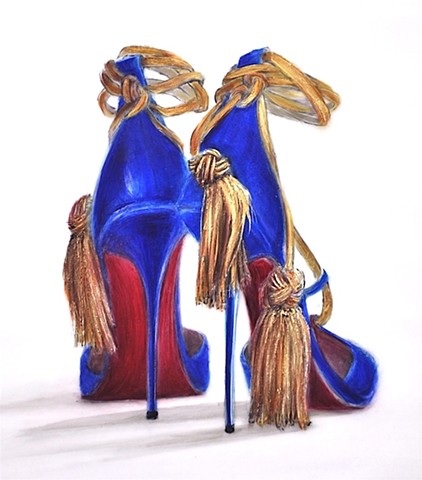 Electric Blue strappy shoes with gold tassels and ankle straps plus red soles.