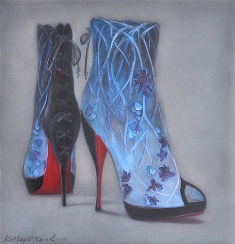 Lalique inspired blue bootie/shoe, with red soles. 