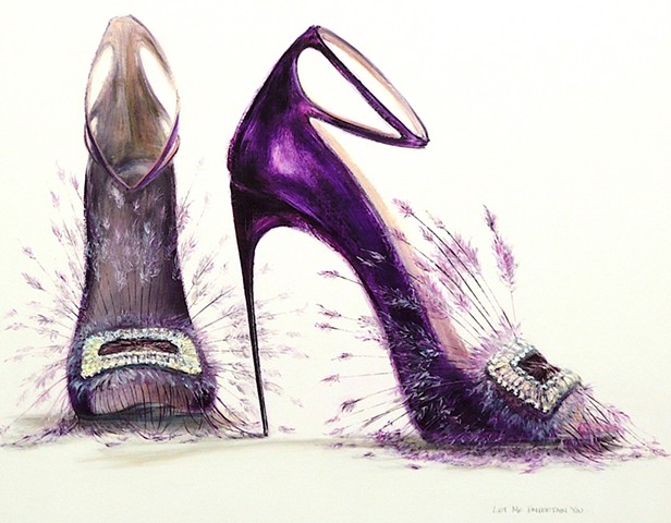 Purple shoe with long purple feathers and rhinestone buckle.