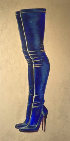 Electric Blue knee-high boots with gold background