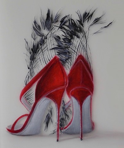 Red strappy shoes with long black feathers.