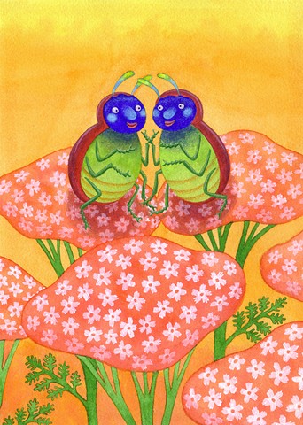 watercolor illustration of two blue, green, and red bugs sitting on yarrow flowers in friendship and love