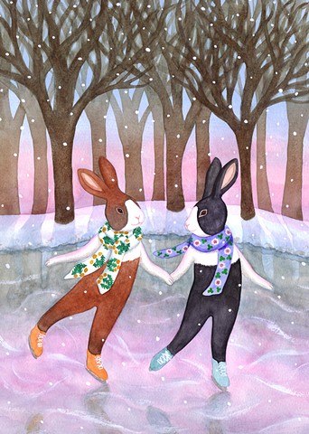watercolor illustration of two rabbit ice skating in the snowy woods