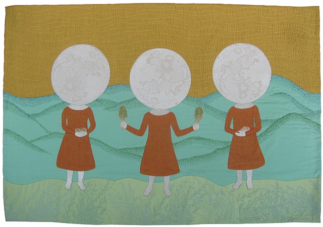 collagraph prints on stitched and quilted fabric art with moon girls holding vegetables in front of mountains in New Mexico