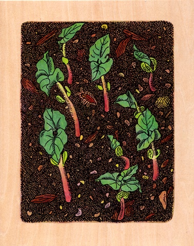 gel transfer painting of bean sprouts in the spring and firefly bug