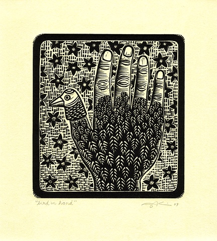 "Bird in Hand" linocut print by Aijung Kim