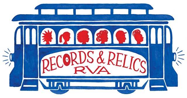 Blue trolley with red profiles, Records and Relics RVA store in Richmond, Virginia