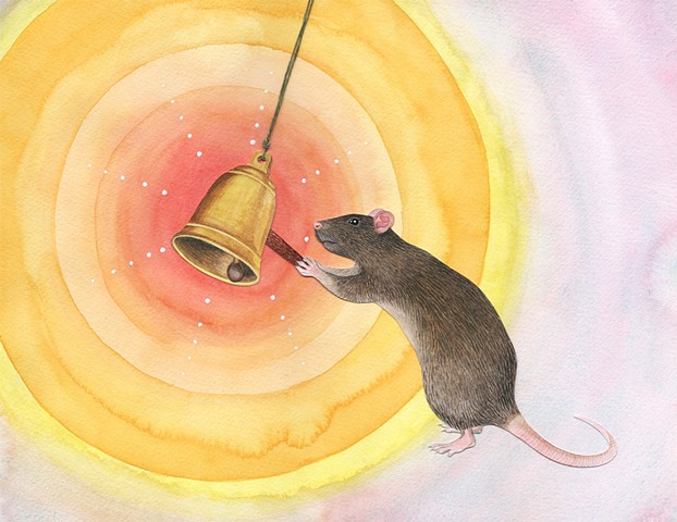 watercolor illustration of a rat ringing a bell