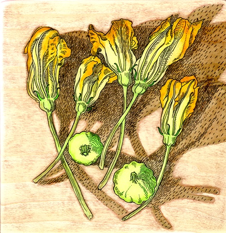gel transfer painting of patty pan squash blossoms and vegetables