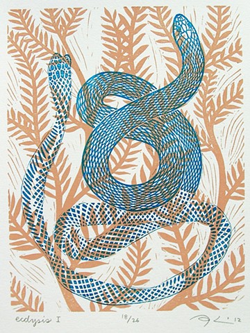 Linocut print, "Ecdysis I" by Aijung Kim