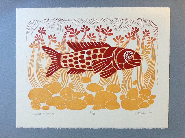 Scarlet Swimmer - Linocut Relief Print