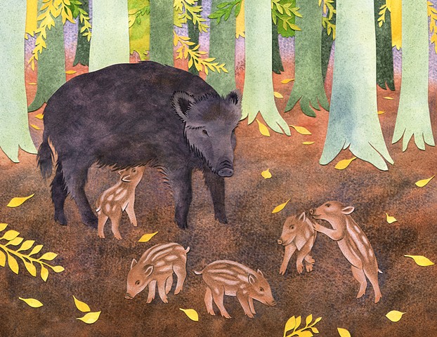 watercolor and papercut illustration of a wild mother boar and her babies playing in the forest