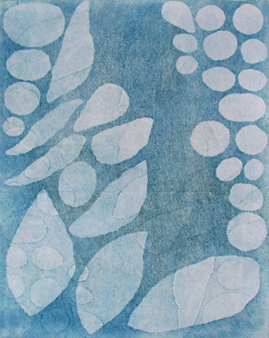 monotype of leaves and stones similar to a cyanotype blue