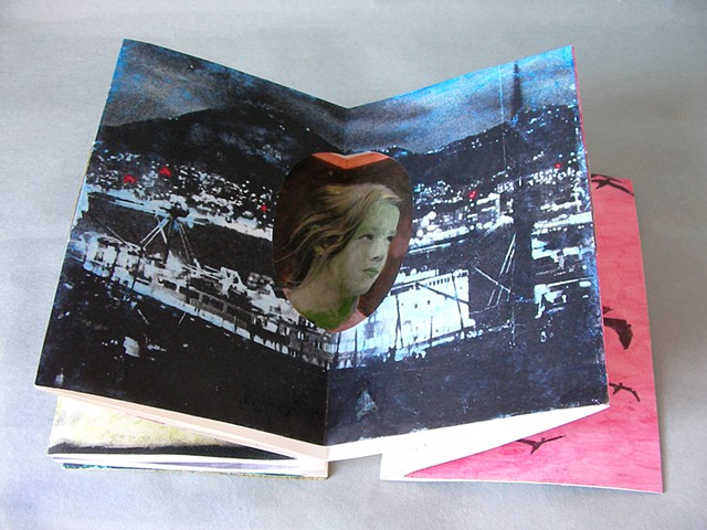 star accordian artist book with young girl in cut-out oval surrounded by a harbor city
