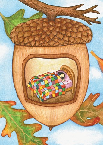 watercolor illustration of a child sleeping under a colorful quilt inside of an acorn