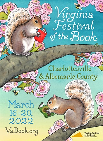 Two squirrels reading books on a blossoming cherry branch in Spring