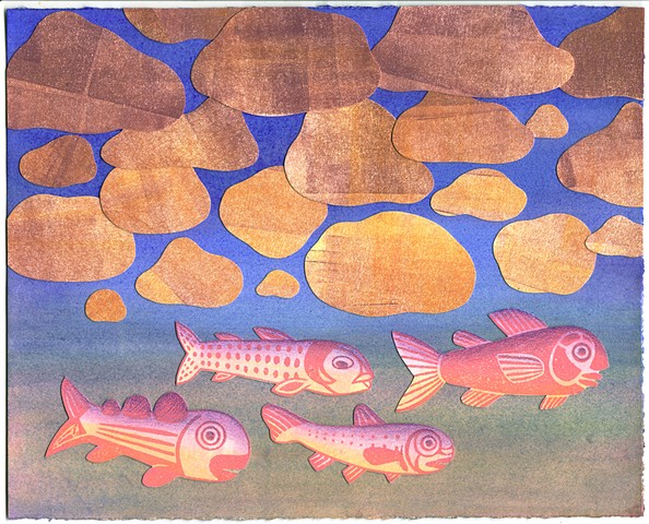 linocut collage of pink fish flying below clouds in a sunset sky