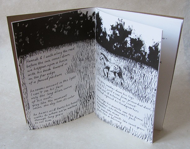 brush and ink illustration of a horse in a field with a handwritten poem