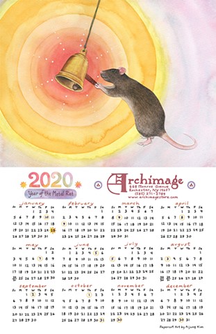 watercolor illustration of rat ringing a bell and a calendar