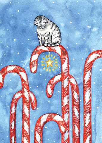 fat striped cat sitting on top of a candy cane and looking down at a falling star, watercolor and ink illustration by Aijung Kim