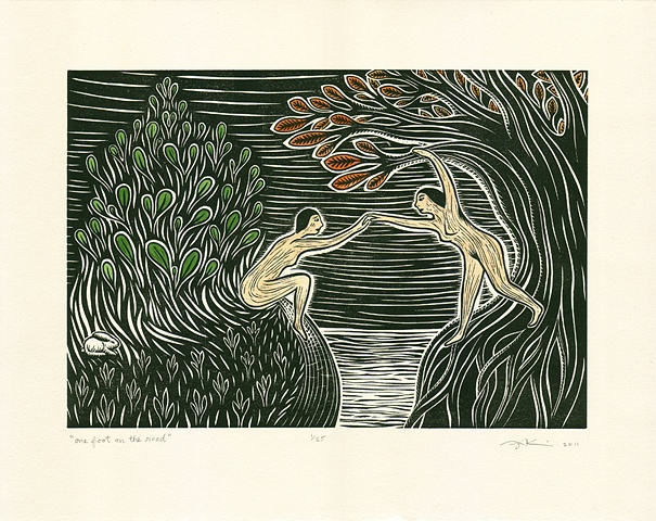 Linocut print with watercolor, "One Foot on the Road" by Aijung Kim