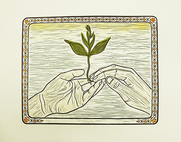Linocut print, "Touch" by Aijung Kim www.sprouthead.etsy.com
