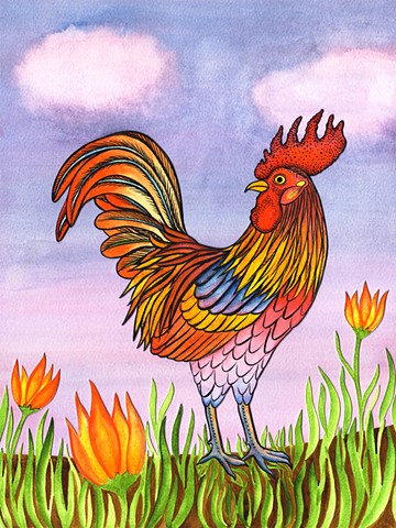 colorful rooster in a flower field