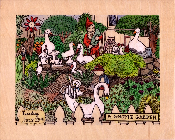 gel transfer painting of a kitschy gnome garden in Portland Oregon with birds swans and lawn ornaments