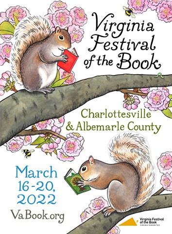Squirrels reading books on cherry blossom branches in spring