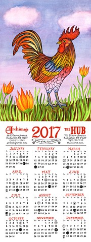 colorful rooster in a flower field with calendar dates