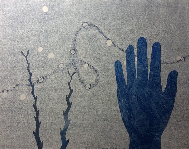 hand, whimsical string, and delicate branches in shades of blue