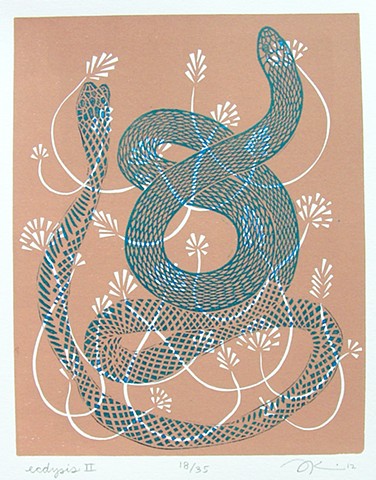Linocut print, "Ecdysis II" by Aijung Kim