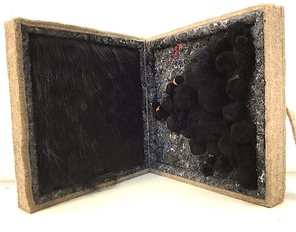 K.W. "a brief history of abstraction" 2019 wood, felt, pompoms, faux fur, 8.5" x 8.5" x 4" 