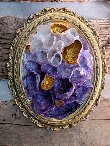 “In 2021, I was diagnosed with breast cancer and embarked on the physical trauma of treatment and the emotional journey of processing my own mortality. What accompanied me was my deep gratitude to be able to process my grief as well as my joy in life through time in nature and making art.  The materials were chosen to be able to decompose-- the plant fibers are softened, dyed and molded before they are arranged and hung-- using natural materials that can return to the earth but currently reflect celebration and transformation.  I see myself in these pieces: a body changed and scared, an experience still being processed.”-- Kris Bespalec