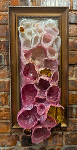“In 2021, I was diagnosed with breast cancer and embarked on the physical trauma of treatment and the emotional journey of processing my own mortality. What accompanied me was my deep gratitude to be able to process my grief as well as my joy in life through time in nature and making art.  The materials were chosen to be able to decompose-- the plant fibers are softened, dyed and molded before they are arranged and hung-- using natural materials that can return to the earth but currently reflect celebration and transformation.  I see myself in these pieces: a body changed and scared, an experience still being processed.”-- Kris Bespalec