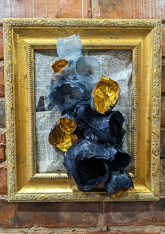 “In 2021, I was diagnosed with breast cancer and embarked on the physical trauma of treatment and the emotional journey of processing my own mortality. What accompanied me was my deep gratitude to be able to process my grief as well as my joy in life through time in nature and making art.  The materials were chosen to be able to decompose-- the plant fibers are softened, dyed and molded before they are arranged and hung-- using natural materials that can return to the earth but currently reflect celebration and transformation.  I see myself in these pieces: a body changed and scared, an experience still being processed.”-- Kris Bespalec