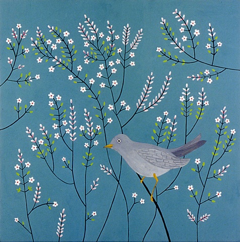 Grey Bird with White Flowers		