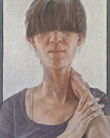 Figurative oil painting, female figure with back to window with rain, bangs covering eyes