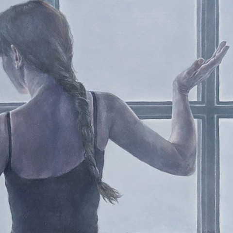 Detail of figurative oil painting, back of female figure facing window, hands in questioning expression, blue gray sky, long braid